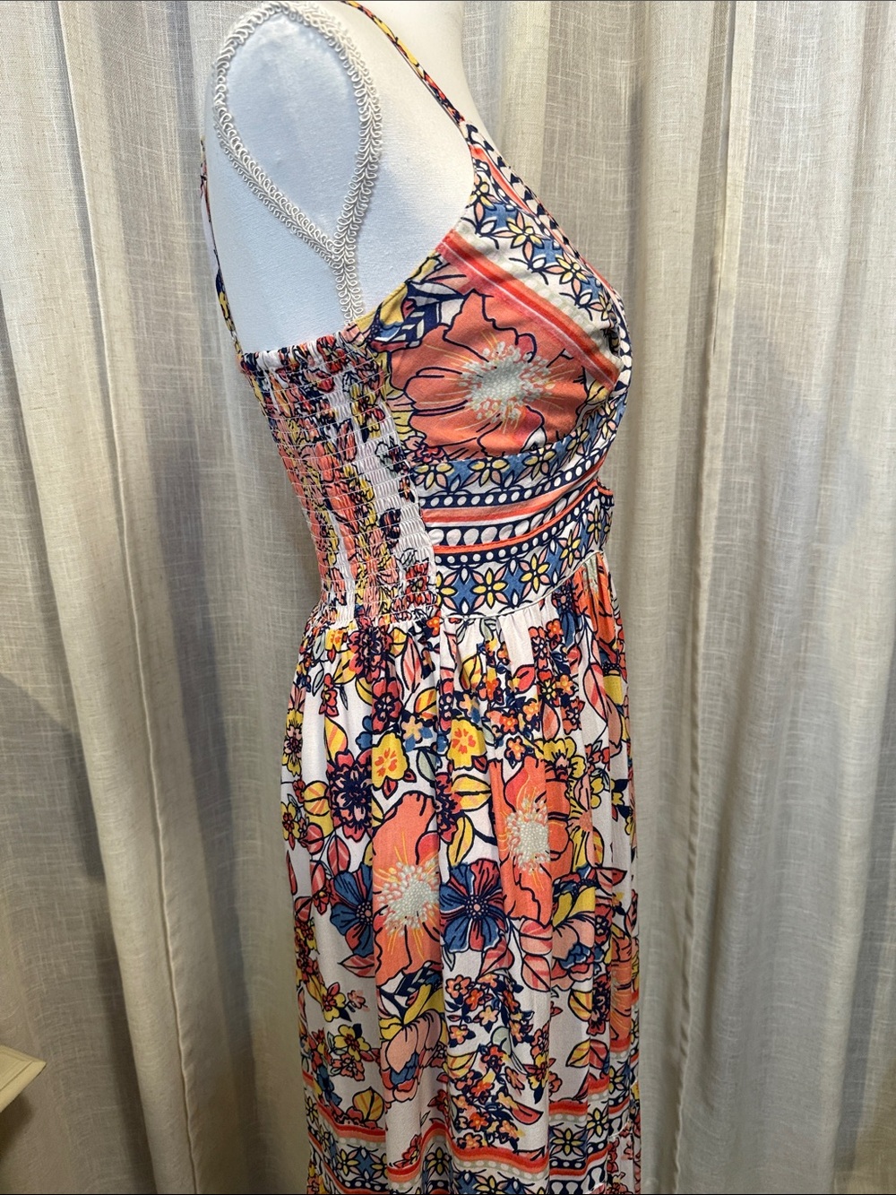 Angie Floral Boho Maxi Dress Twist Front Keyhole Smocked Back Size Small - Picture 5 of 12